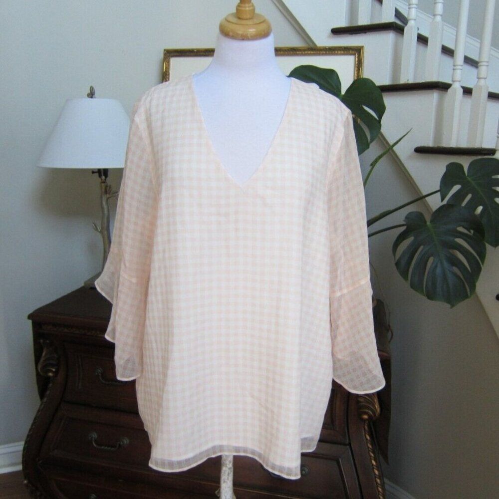 Calvin Klein Pink Plaid Modern Essentials Lined Bell Sleeve Blouse Size XL New!